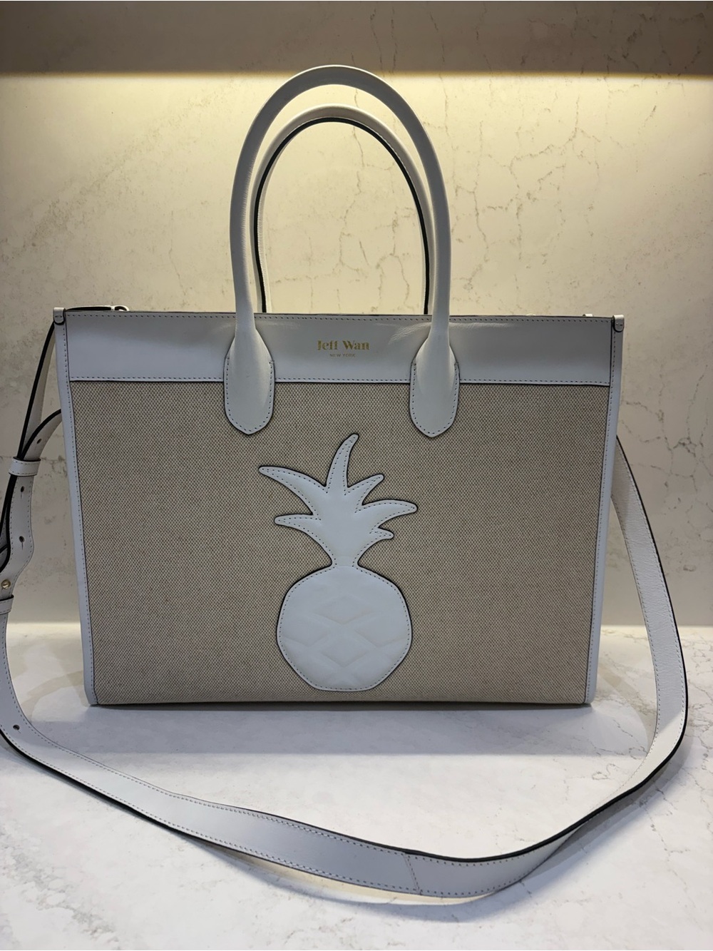 Jeff Wan White & Natural Canvas Pineapple Tote with Removable Strap
